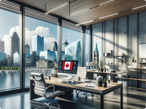 Canadian commercial real estate office with iconic cityscape and flag.