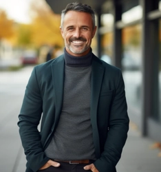 Commercial real estate agent wearing a sweater with city street in the background.