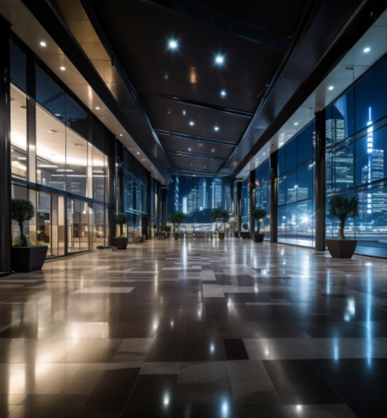Gleaming floors of a vast commercial real estate complex at night, with city lights and skyscrapers reflected in its glass facade.