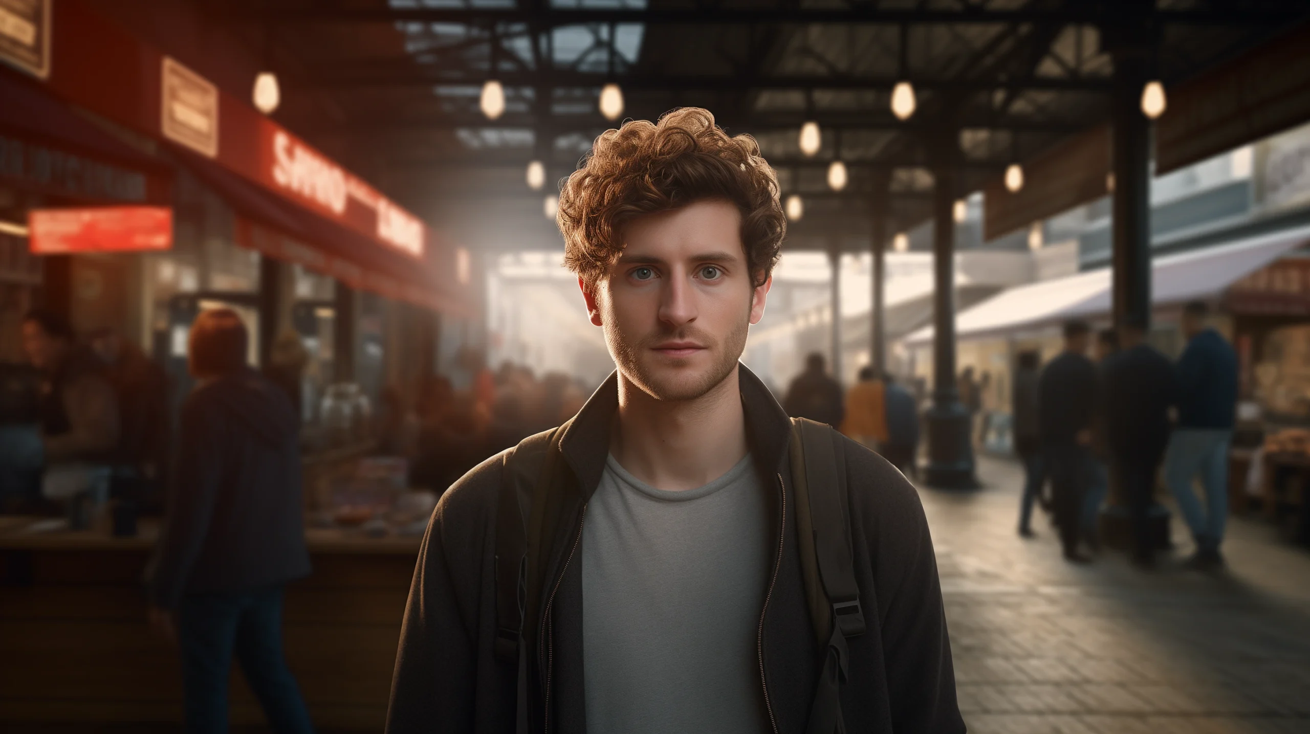 Man with curly hair stands thoughtfully in a bustling market, considering immigration options for foreign entrepreneurship.
