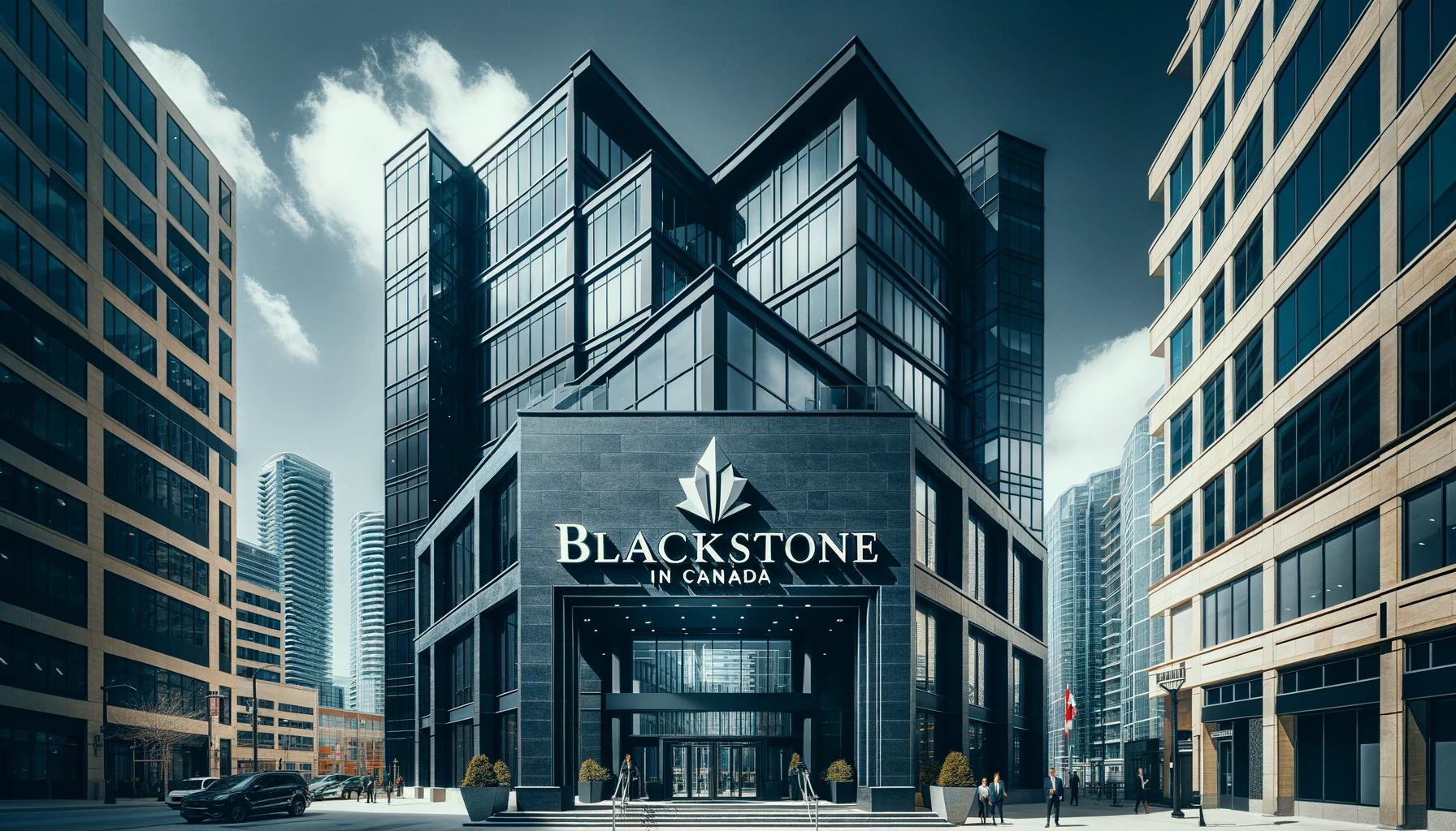 Modern office building in downtown Toronto with the Blackstone logo prominently displayed at the entrance.