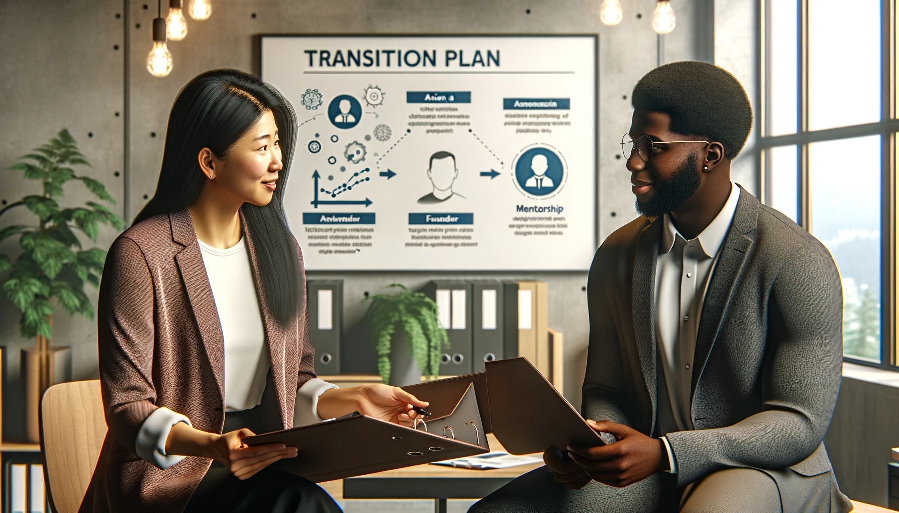 Two professionals, an Asian woman and a Black man in a well-lit office setting with whiteboard conversing about a business transition plan.