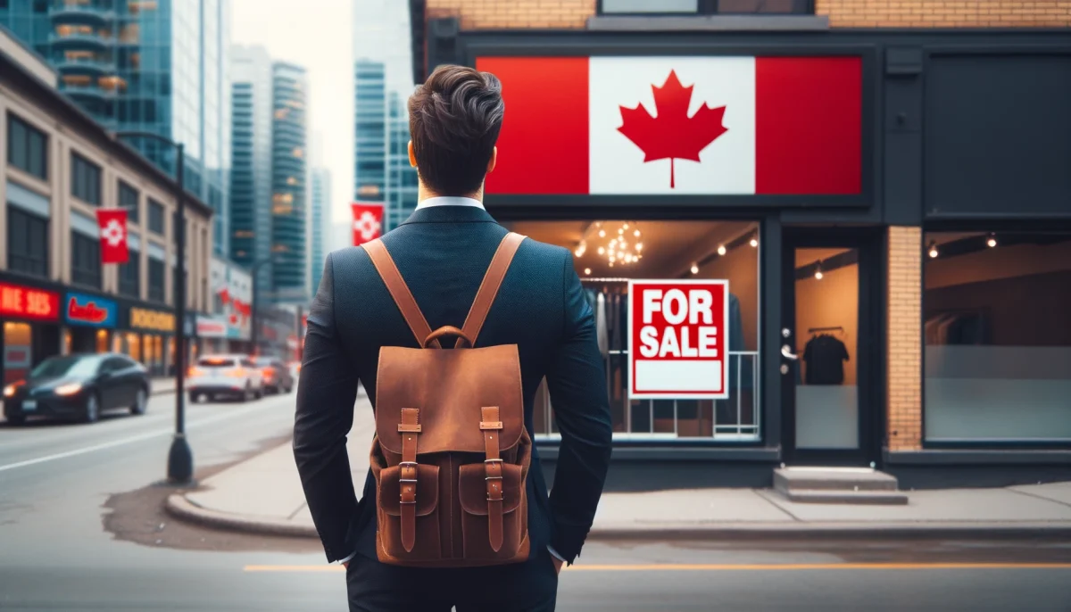 A man standing on a busy downtown Toronto city street through a window displaying a for sale sign wanting to buy a business in Canada.