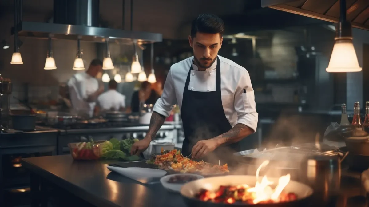 Chef preparing a dish in a dimly lit kitchen with colleagues discussing legal and financial considerations when selling a restaurant.