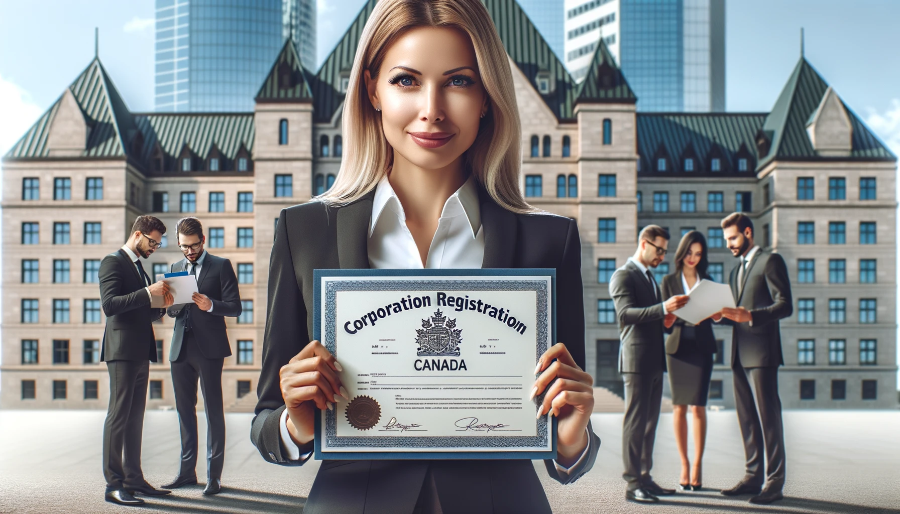Canadian businesswoman holding a corporate registration certificate, standing in front of a government building with crowd in background.
