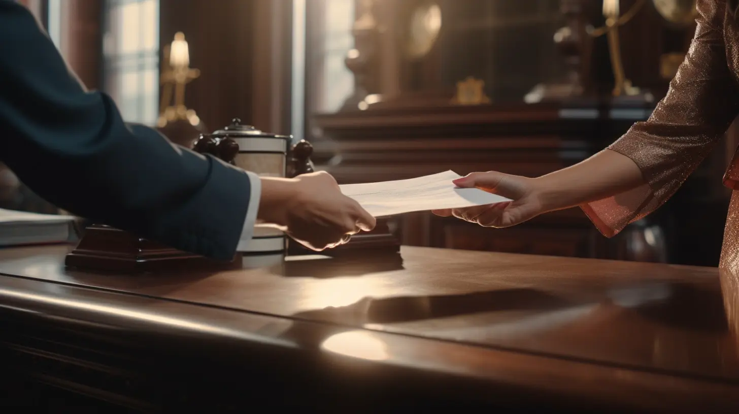 Two hands exchanging a document across a polished desk, with elegant office decor in the background, depicting a formal agreement.
