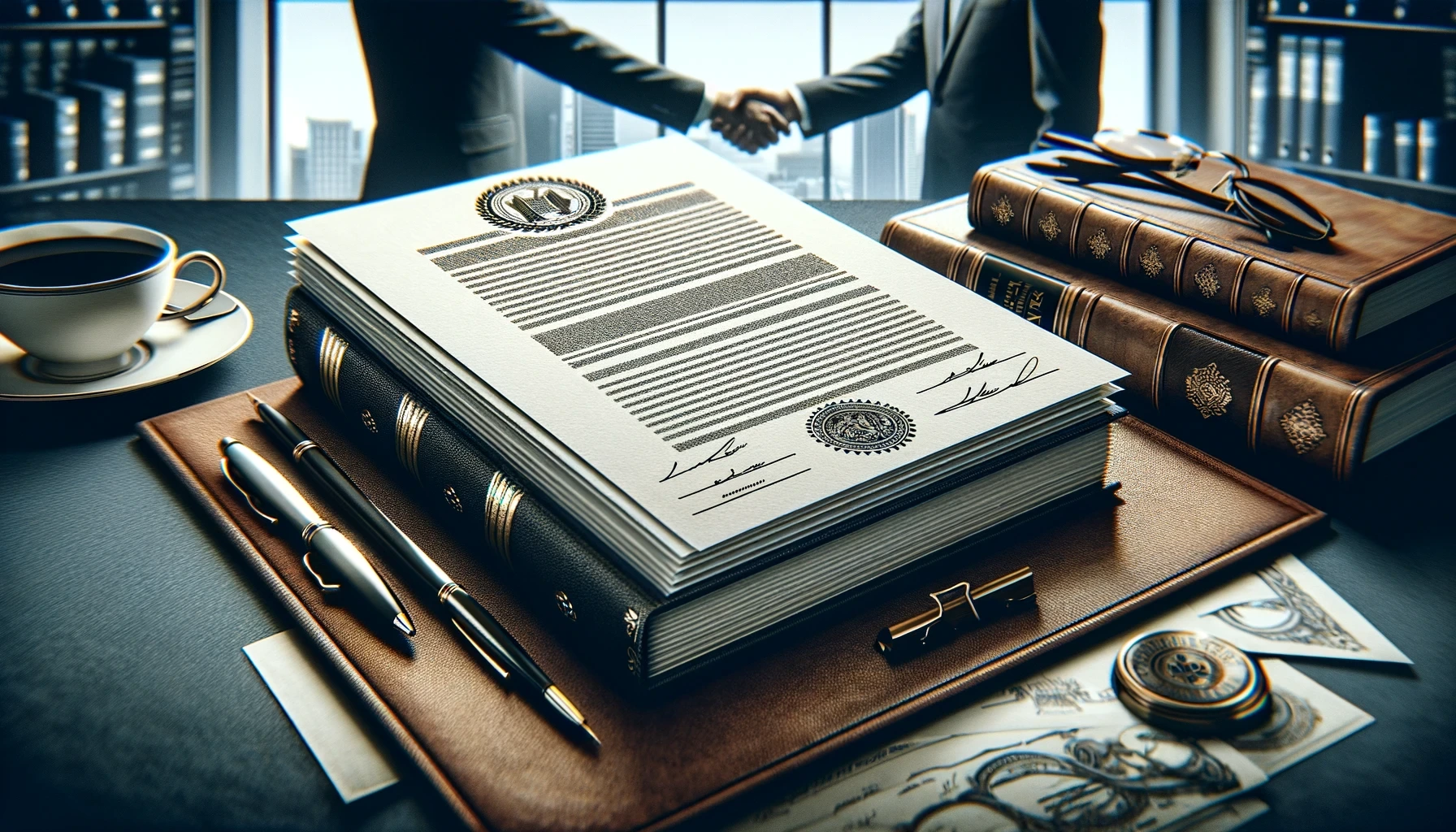 Stack of legal papers, firm seal, pen, glasses on journal, blurred handshake background, depicting business legality.