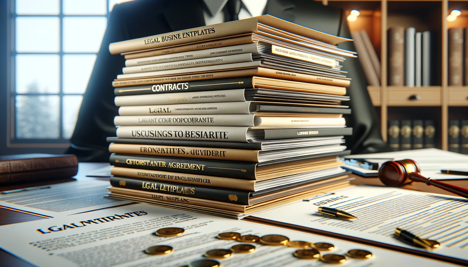 Neatly arranged stack of diverse legal templates for businesses on a desk, symbolizing readiness and order.