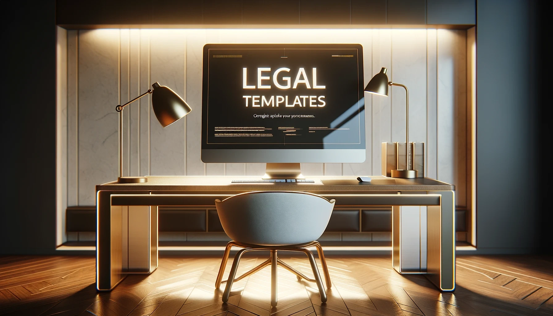 A computer with legal templates on a modern desk, warm lighting