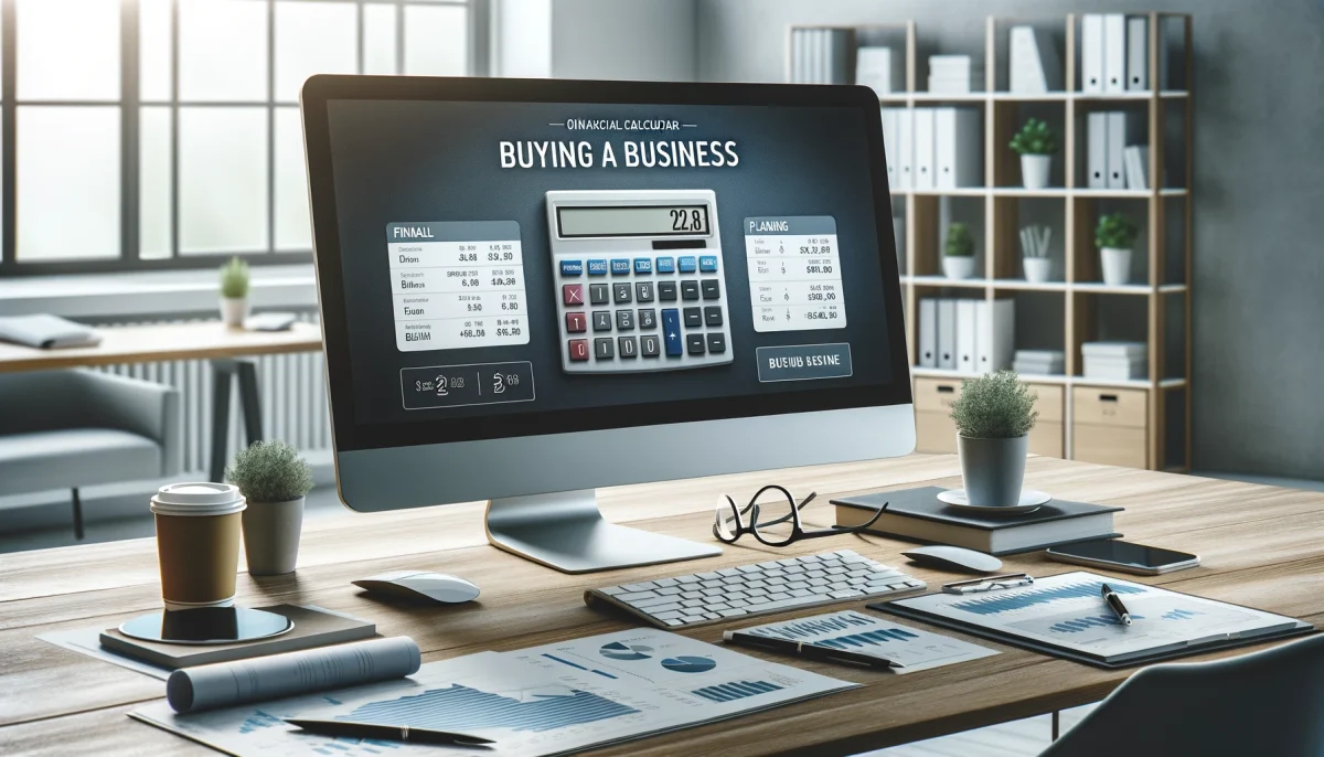Desktop setup with widescreen monitor displaying online financial calculator for business acquisition, with business plans and documents.