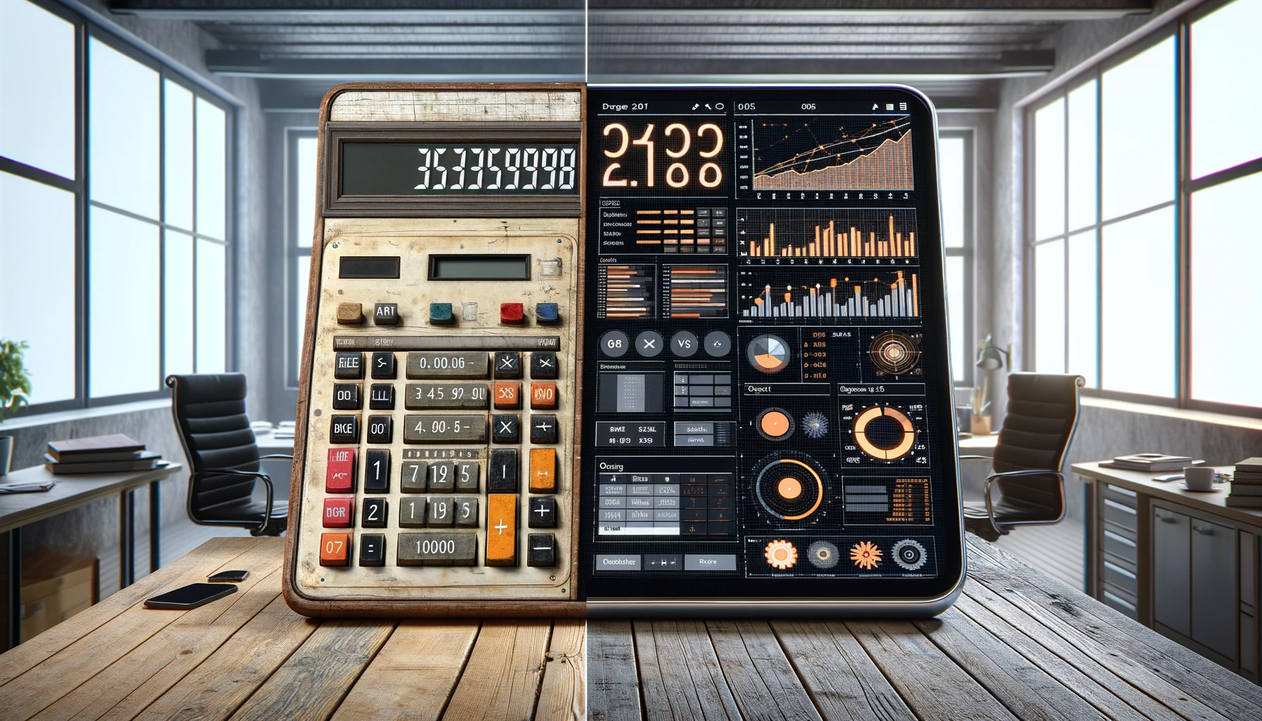  Side-by-side image: on the left shows an old hand-held calculator and on the right shows a modern online business calculator in a sleek office.
