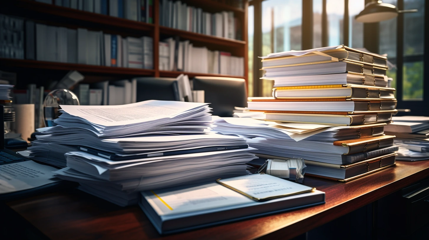 Stack of legal and financial documents, including business registration, tax forms, and financial statements for business compliance.