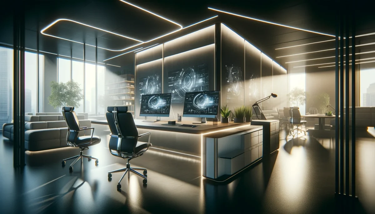 Modern office with cinematic lighting, sleek desk and tech that utilizes legal templates for business.