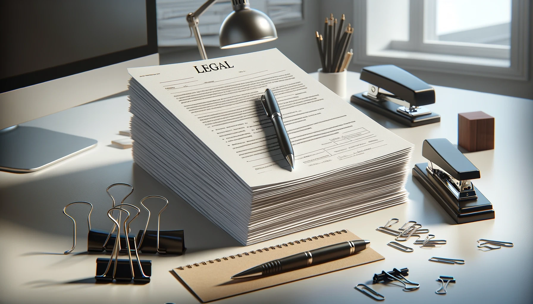 Stack of legal forms with pen, office supplies, and minimalist workspace depicting a professional office setting.