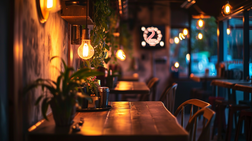 Cozy restaurant interior at dusk, enhancing business value with warm lighting and inviting ambiance.