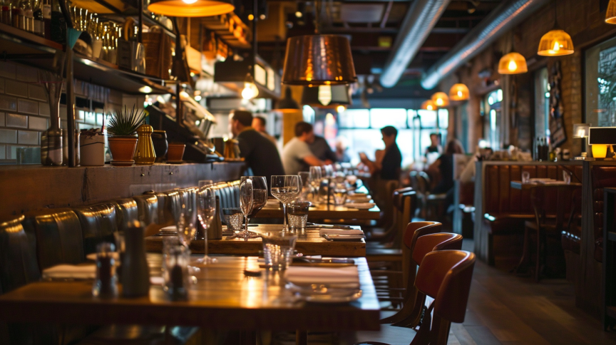 Bustling urban brasserie with patrons, warm pendant lights, leather seats, and set dining tables.