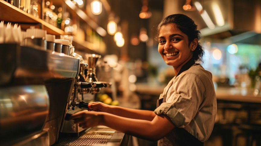 A coffee shop worker smiling while operating beverage equipment.