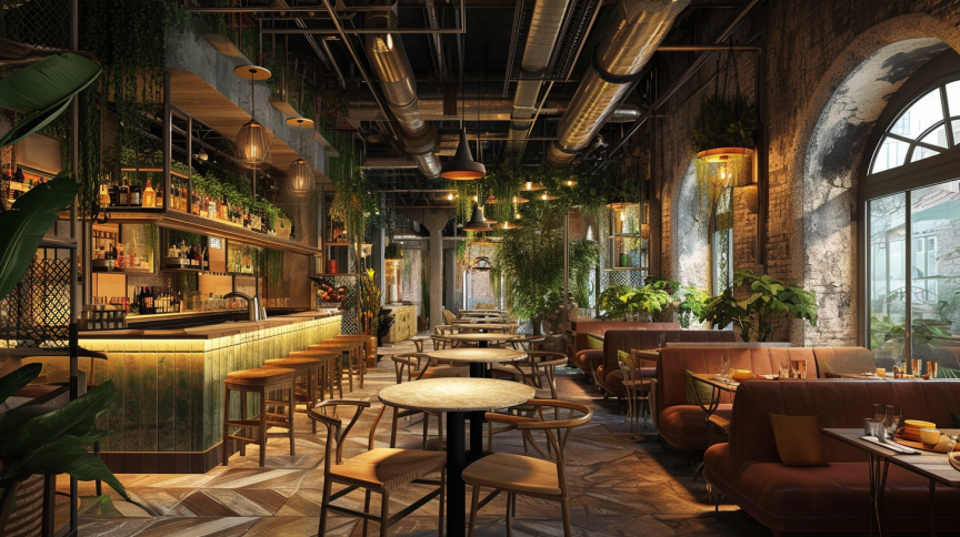 Lush, plant-filled restaurant interior with elegant bar, cozy seating, and atmospheric lighting.
