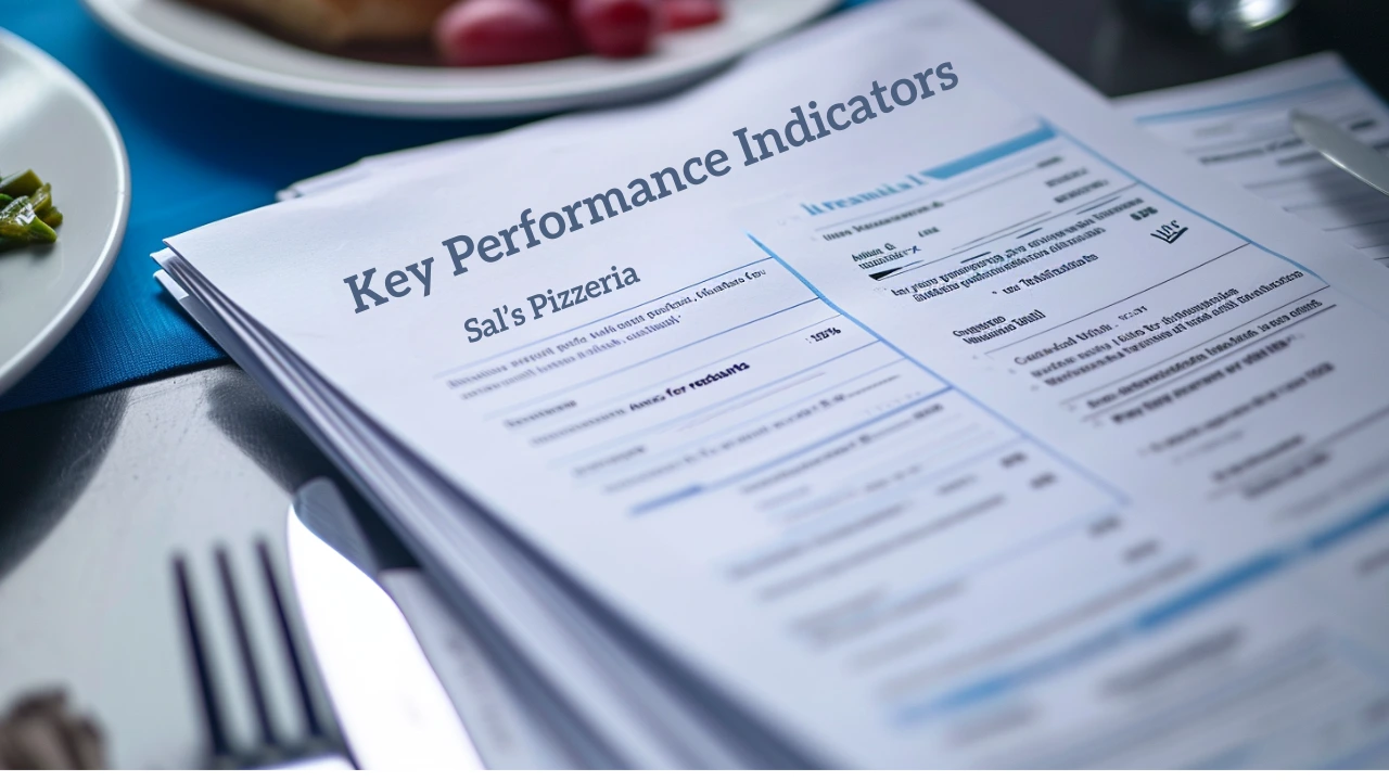 A stack of papers with the words ‘key performance indicators’ on a restaurant table.
