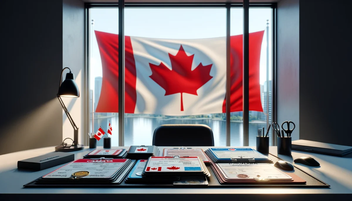Professional office desk in with official Canadian licenses and permits needed to open a restaurant in Canada, displayed beside a window with a Canadian flag.