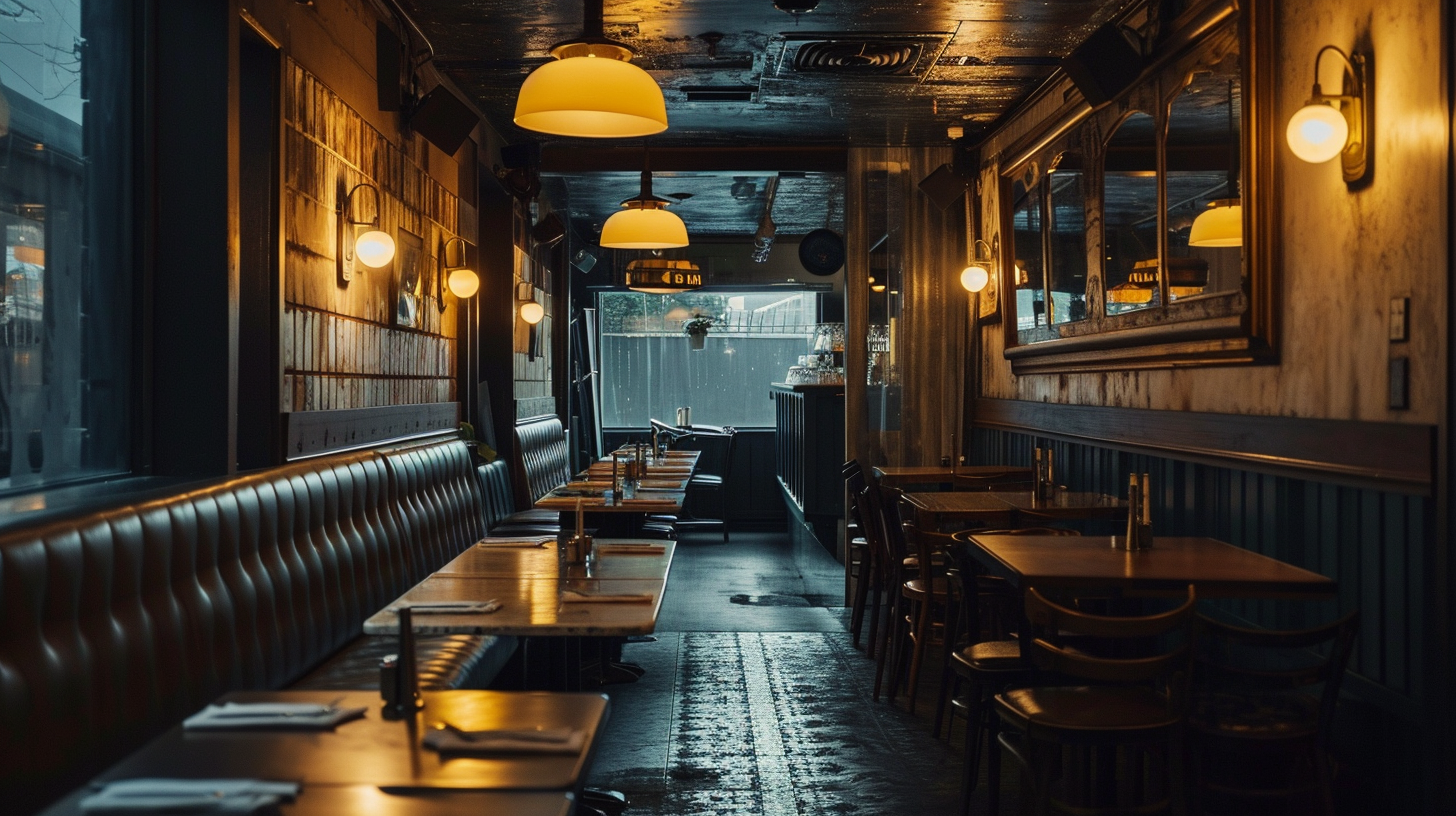  Dimly lit eatery in Canada with yellow pendant lights, leather booths, wooden tables, and vintage decor.