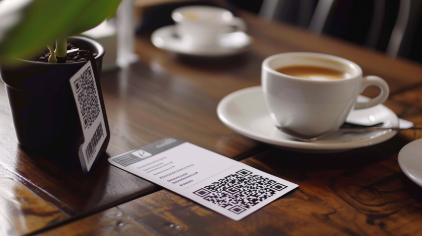 A QR code menu is laid on a restaurant dining table next to a cup of coffee on a saucer.