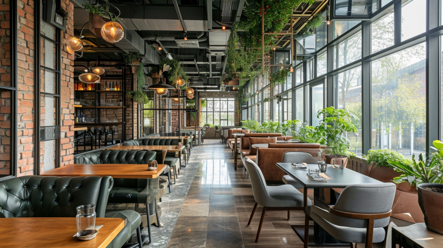 Bright Canadian diner with glass walls, brick accents, hanging plants, leather seats, and wooden tables.