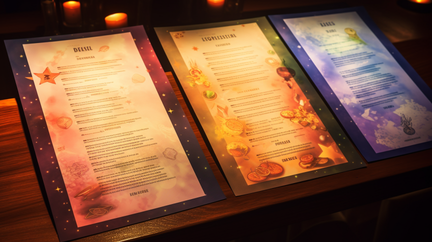 Themed menus with astrological designs on a dimly lit bar table.