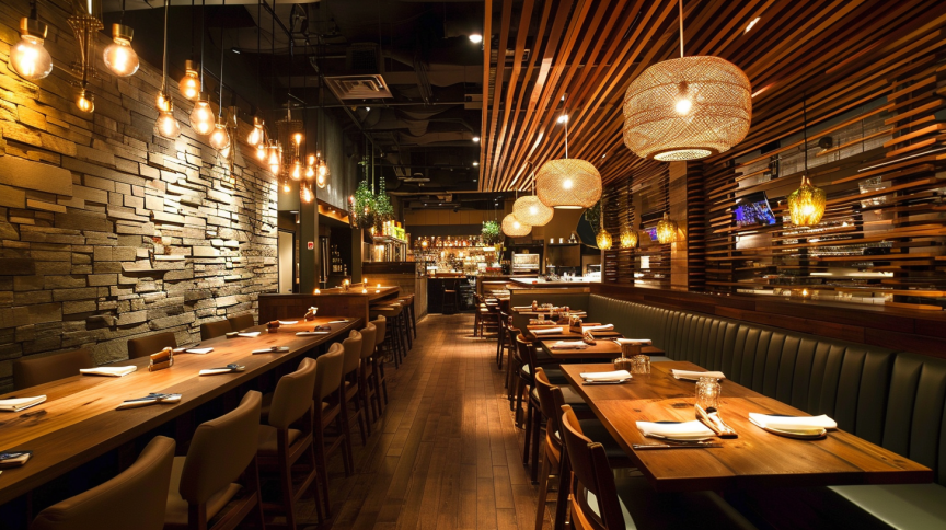 Warmly lit Canadian restaurant interior design with wooden tables, stone walls, hanging bulbs, and a chic bar area.
