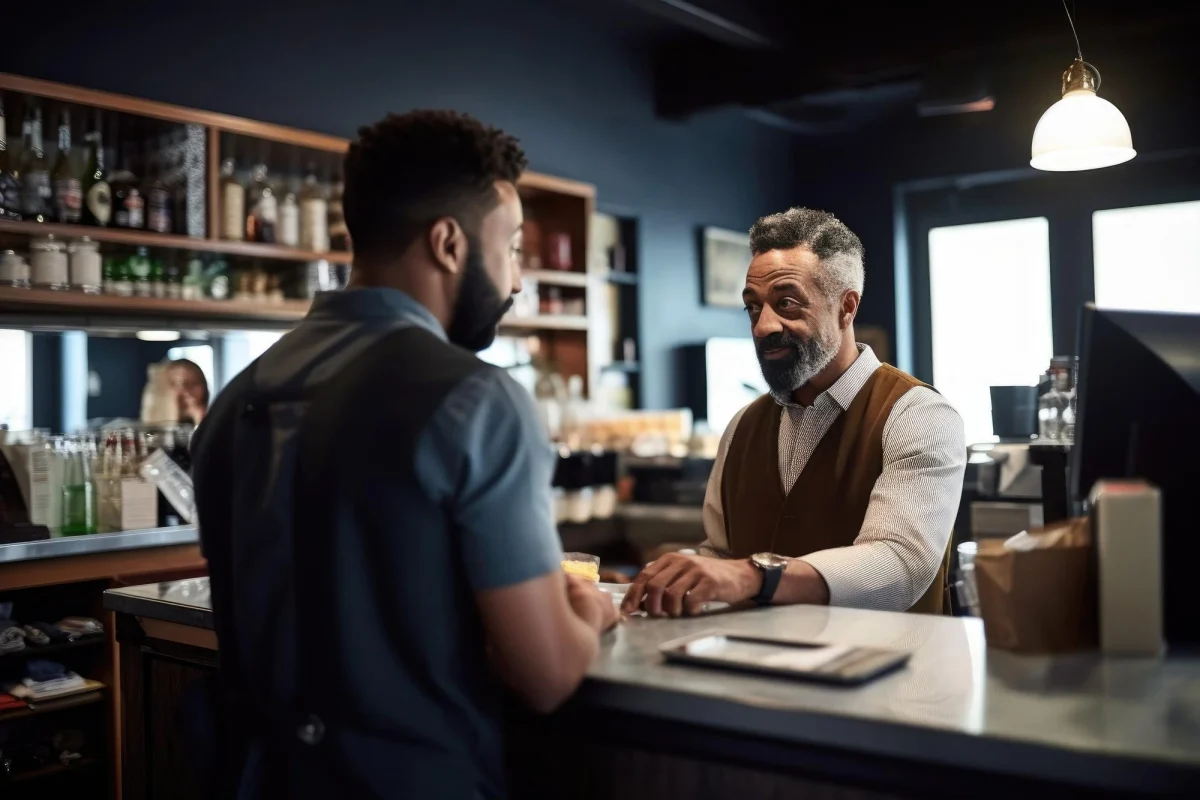 Two men engaged in a friendly restaurant sale negotiation at the bar.