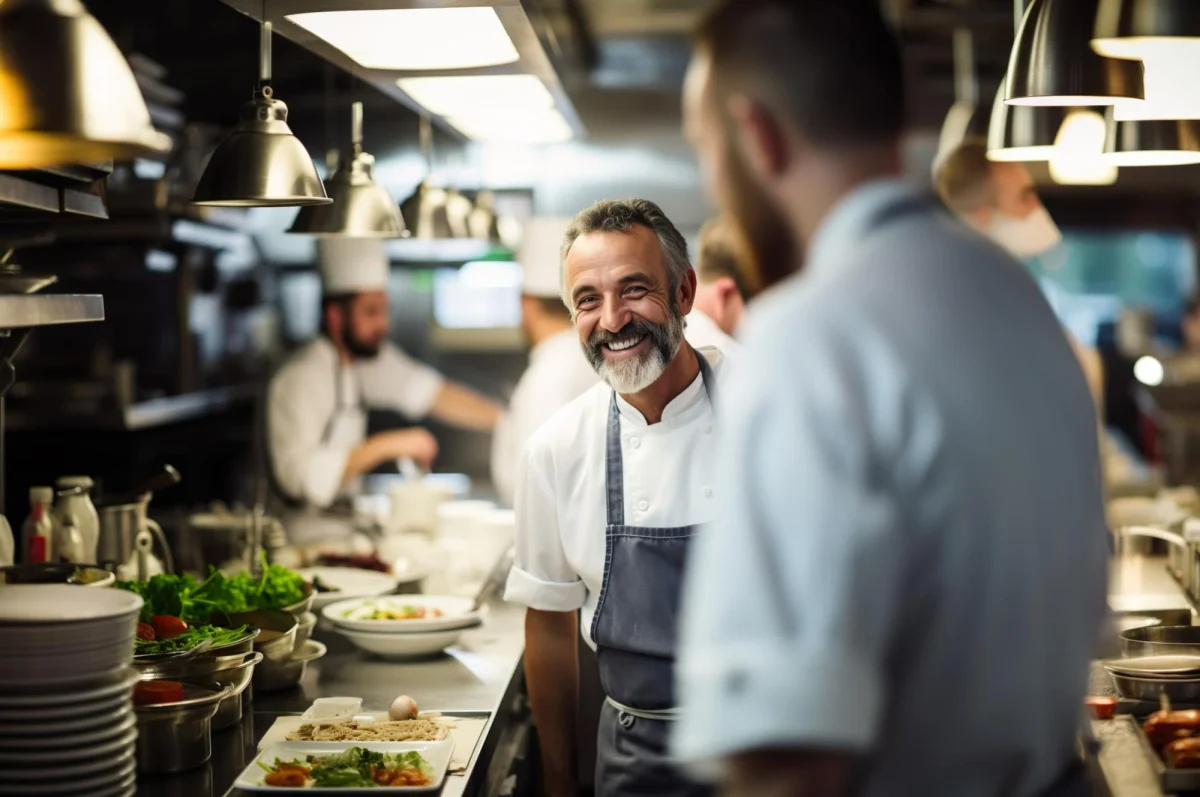 A smiling chef in a bustling kitchen, symbolizing the joy of transitioning restaurant ownership.
