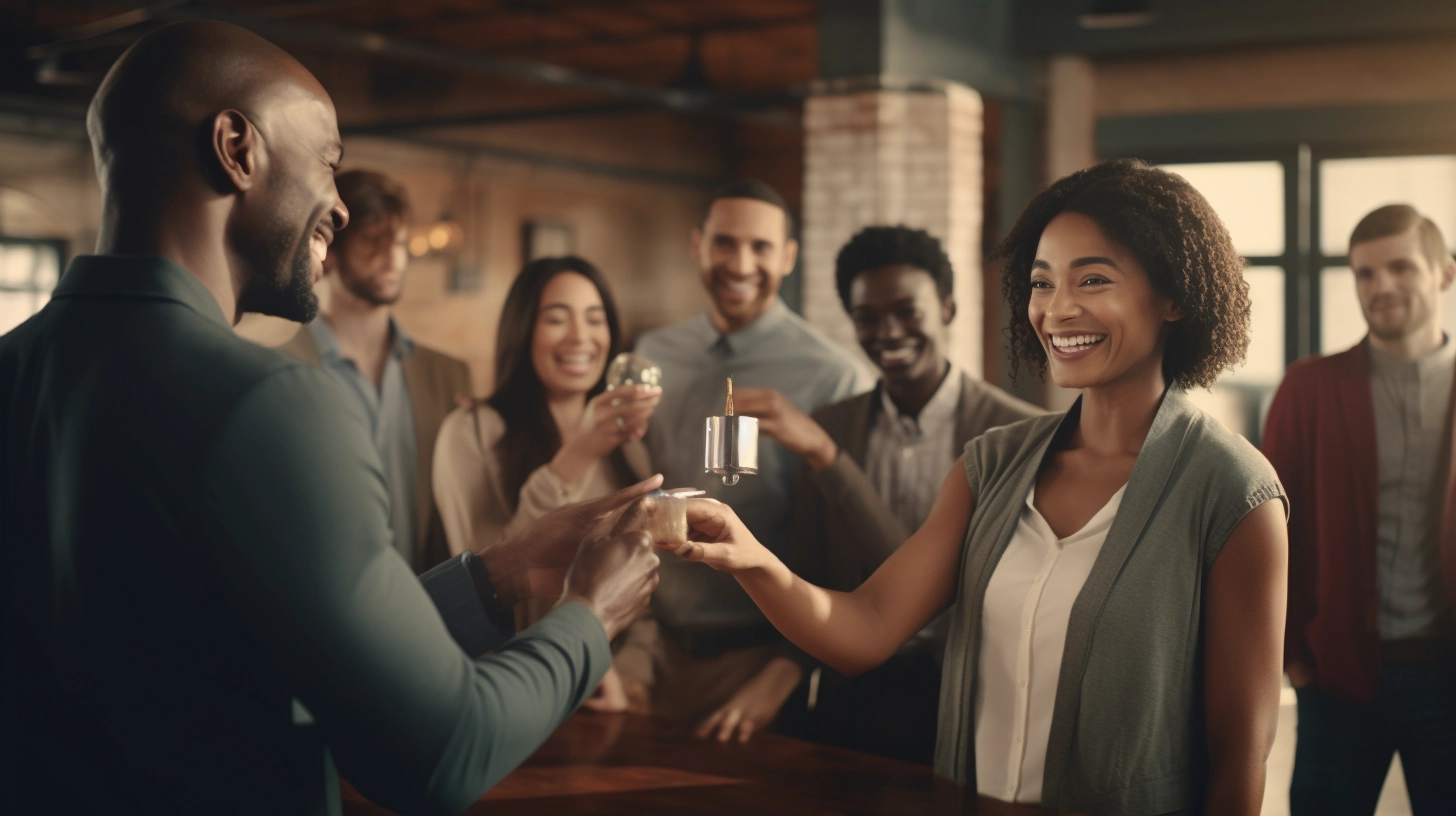 Members of a restaurant cooperative joyfully toasting in a rustic setting, celebrating collaboration and success.