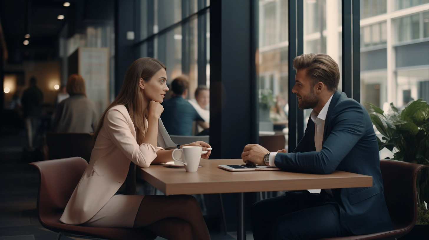  Man and woman in professional attire having a conversation over coffee in a modern cafe setting.