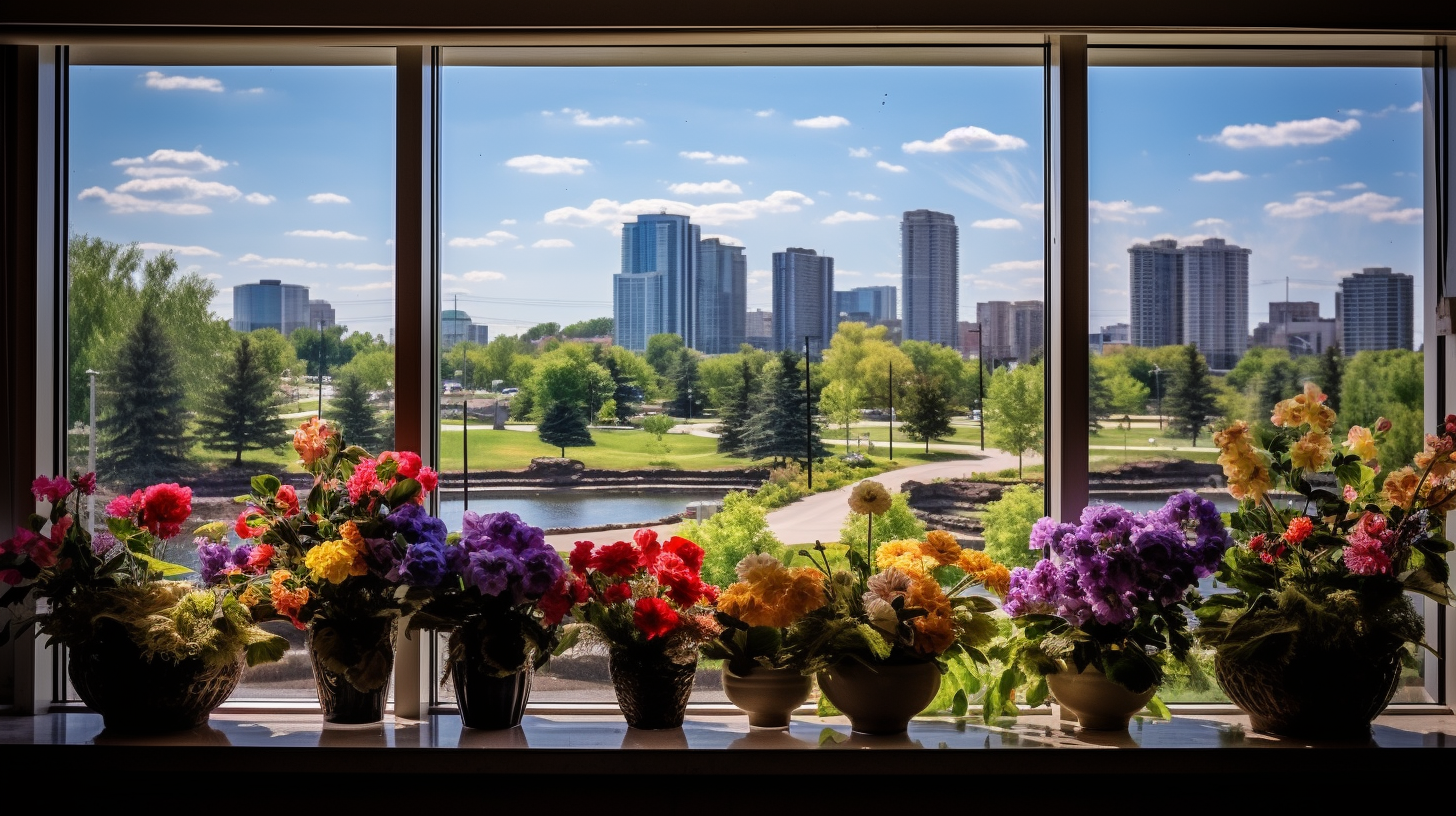 city skyline view from inside a retail flower shop of businesses for sale in mississauga ontario
