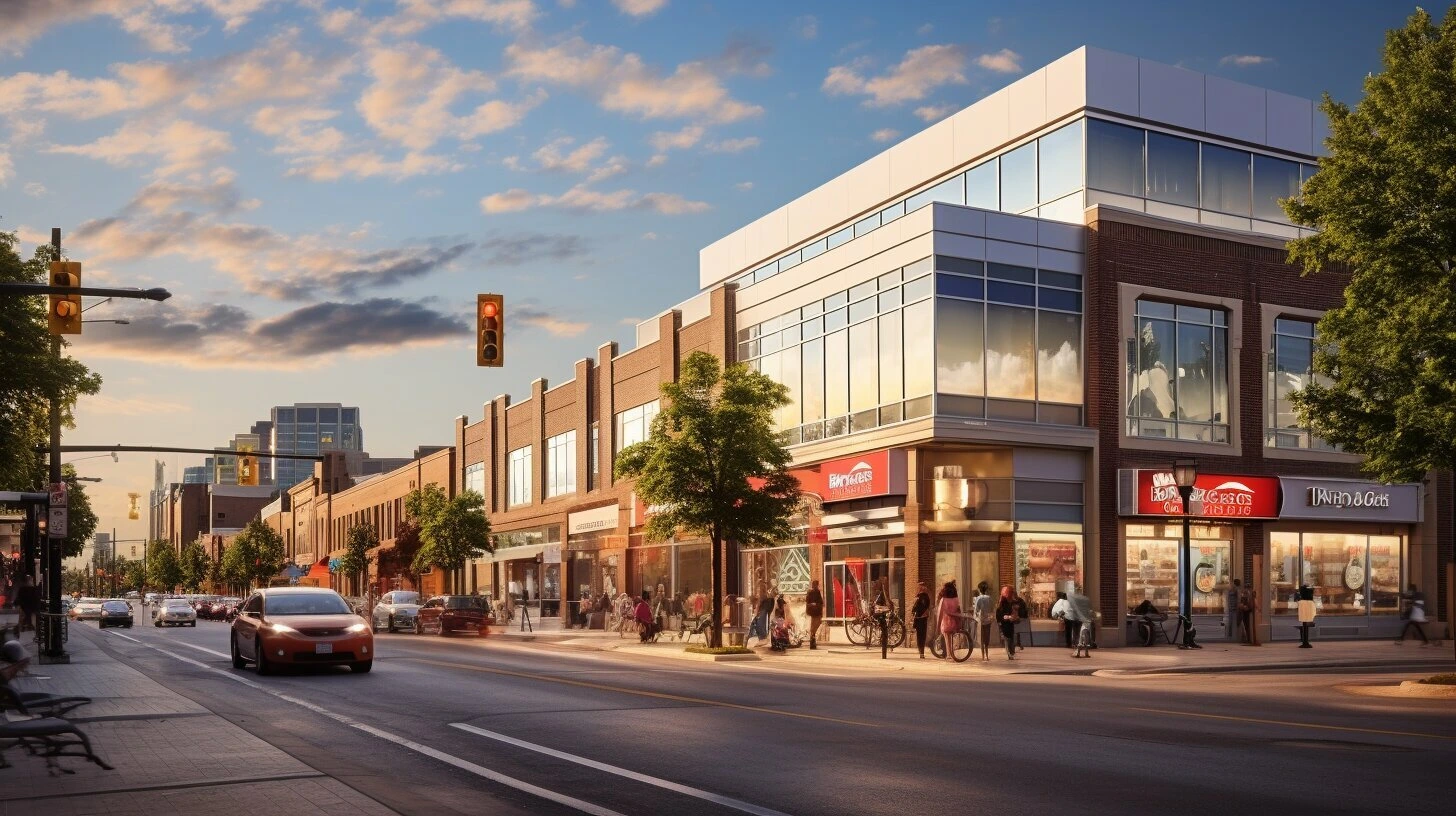 An artist's rendering of a city street with businesses for sale in brampton