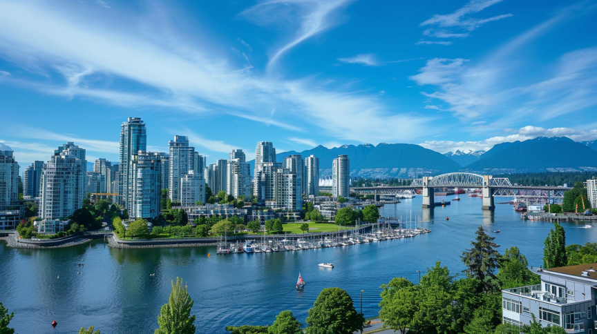 A panoramic view of a bustling marina with boats, skyscrapers, and an iconic bridge against majestic mountains, with many businesses for sale in Vancouver, BC.