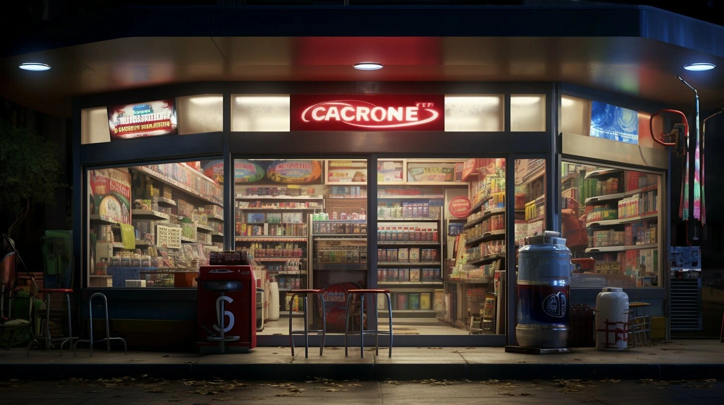 A convenience store for sale in Canada with a sign on its front at dusk.