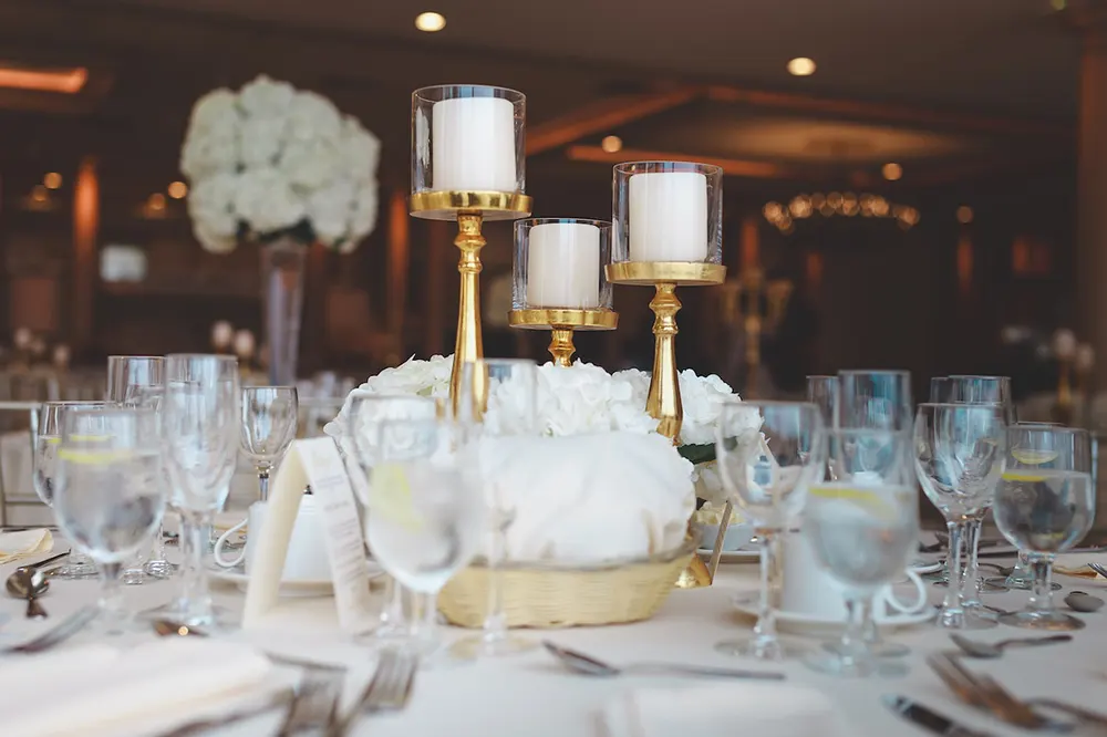 Image of a decorated table at a banquet hall for sale in Canada.