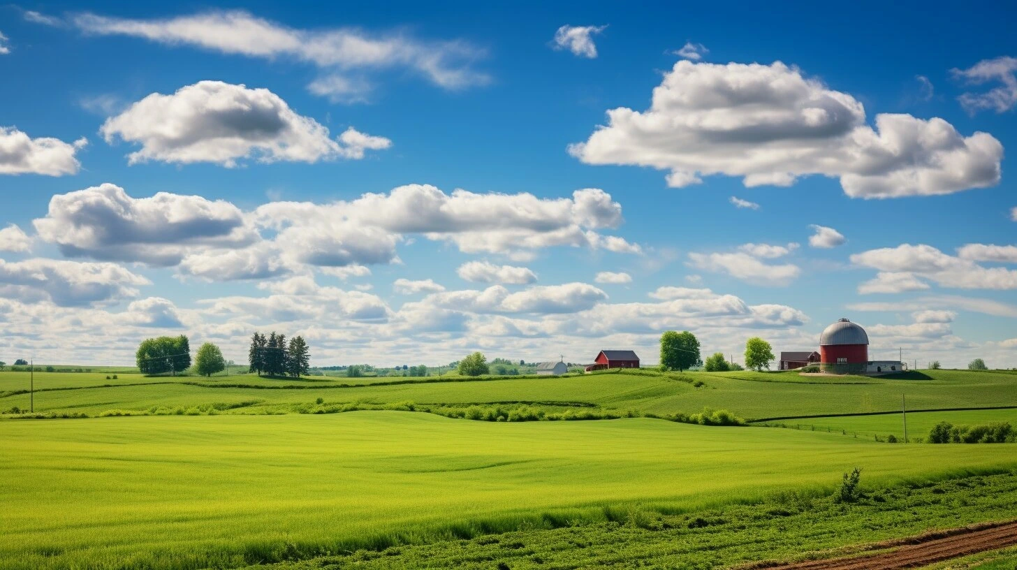 Scenic view of lush green fields with barns, representing farms for sale in Ontario under a vibrant blue sky with clouds.