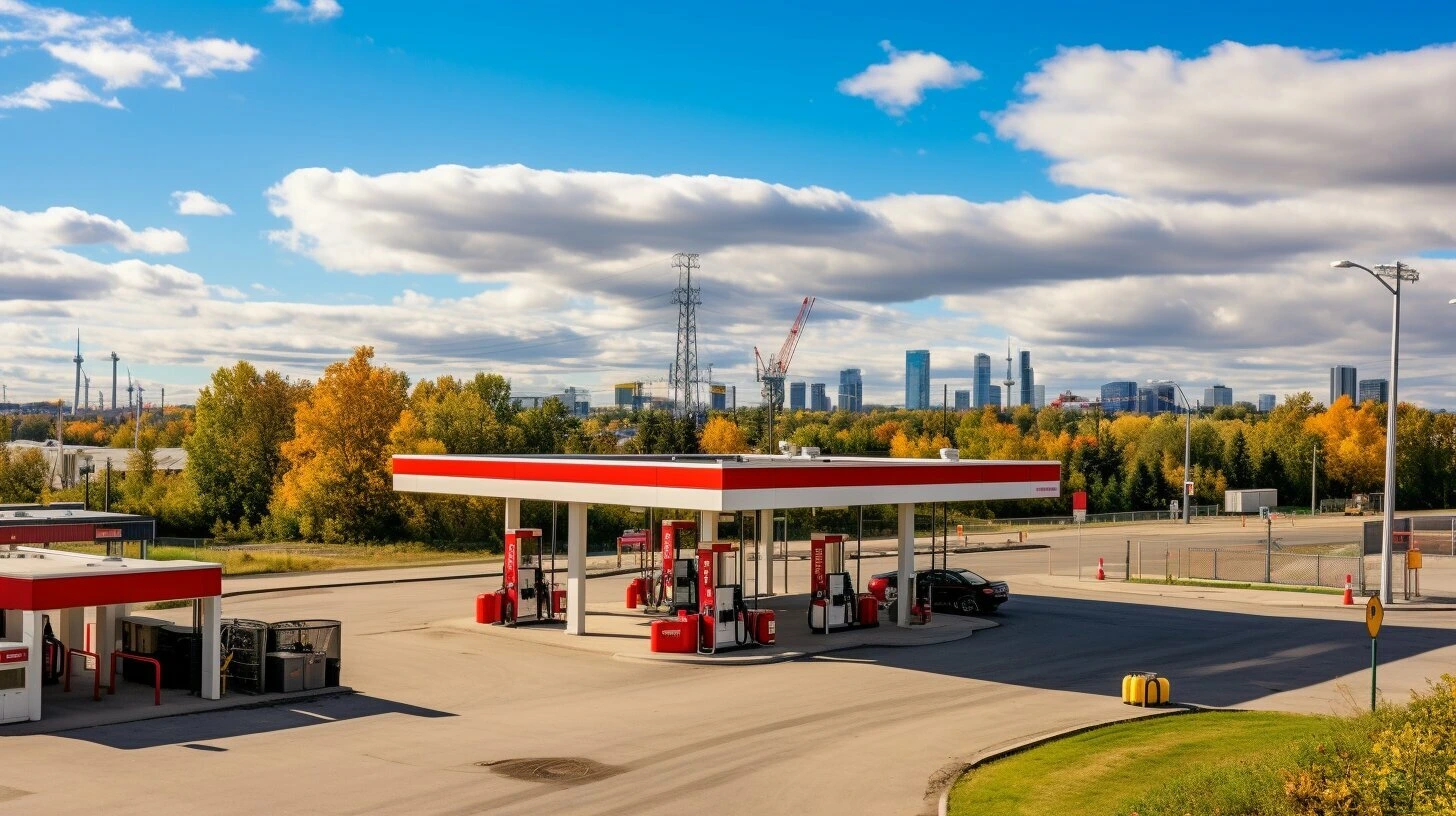A gas station for sale in Canada with a city in the background.