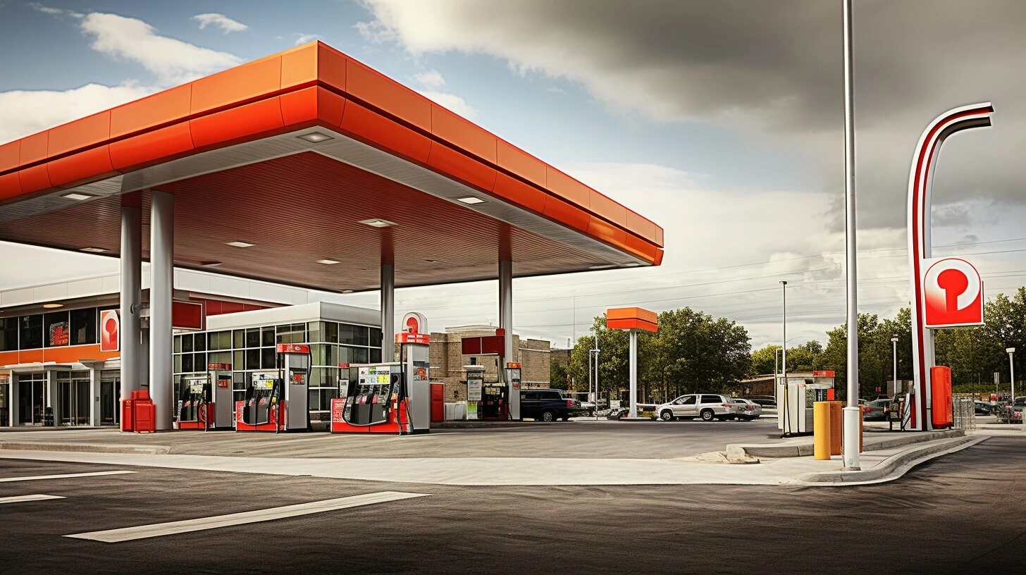A gas station for sale in Canada with a red and orange sign.