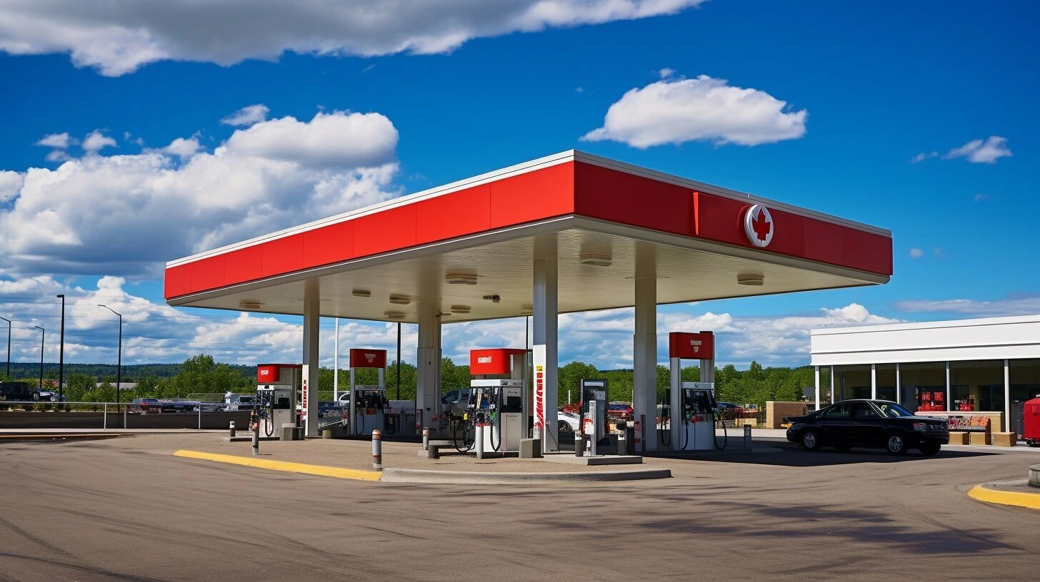 A gas station for sale in Canada with a red and white roof.