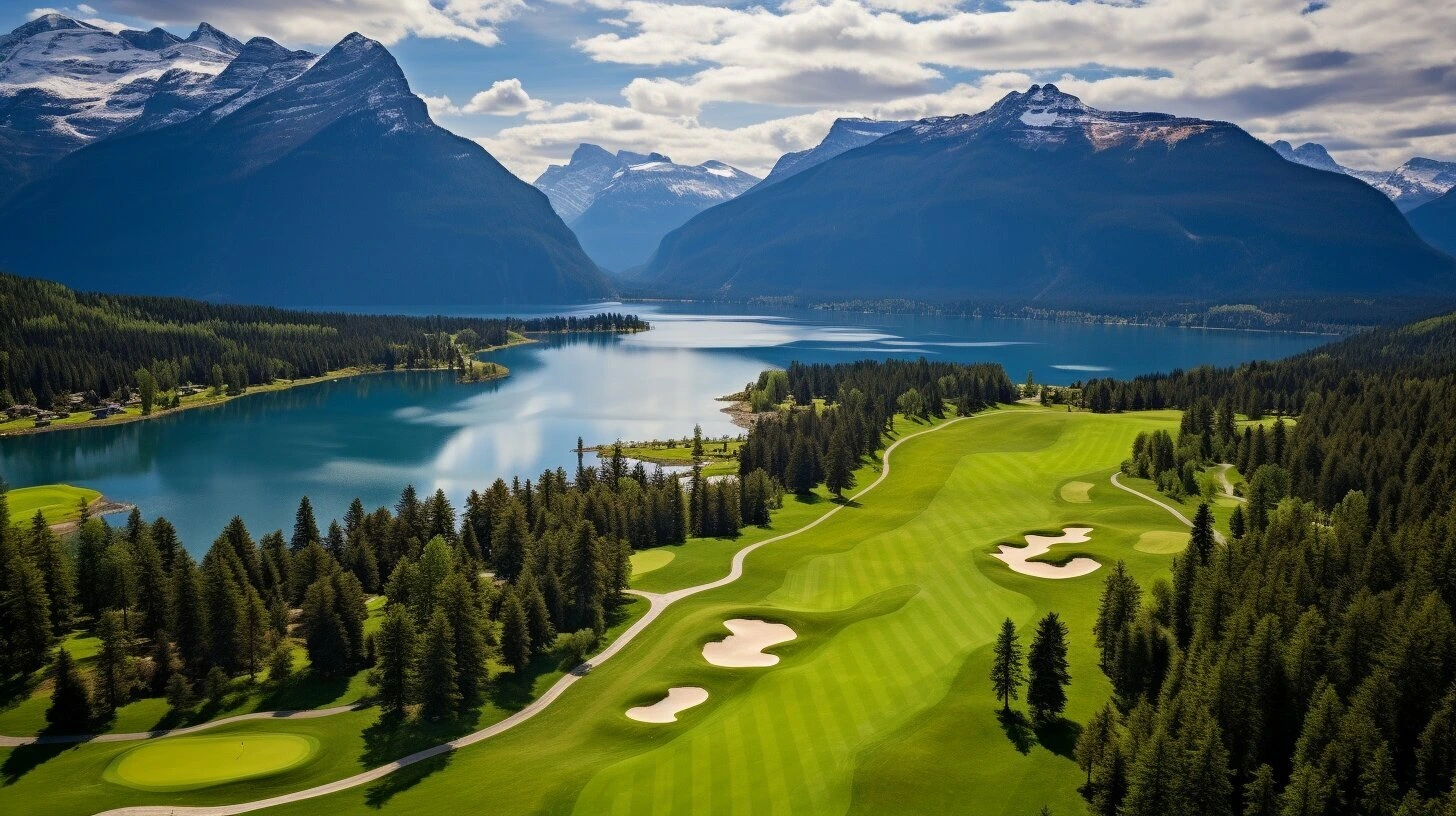 picturesque golf course featuring breathtaking lake and mountain vistas for sale in Canada.