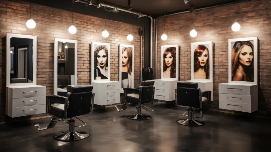 modern hair salon with bright lights and hanging artwork