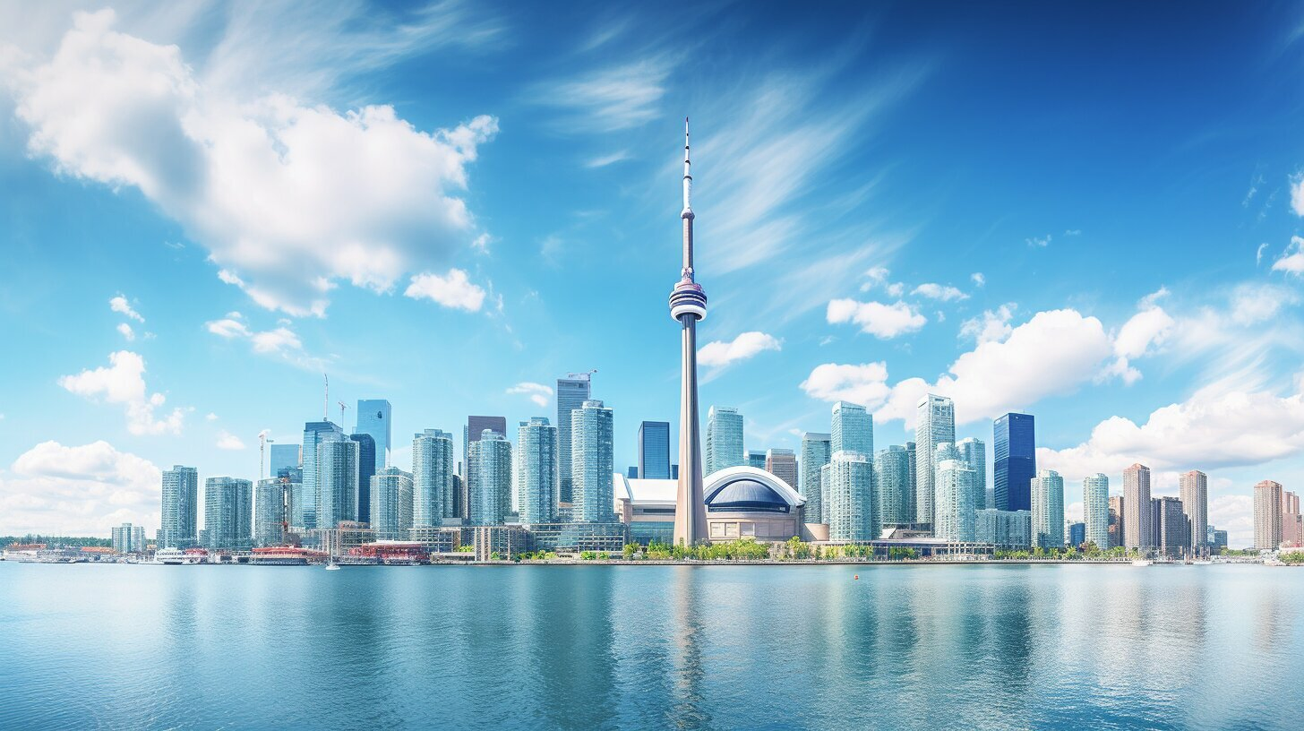 Toronto skyline with clouds and blue sky featuring hotels for sale in Canada.