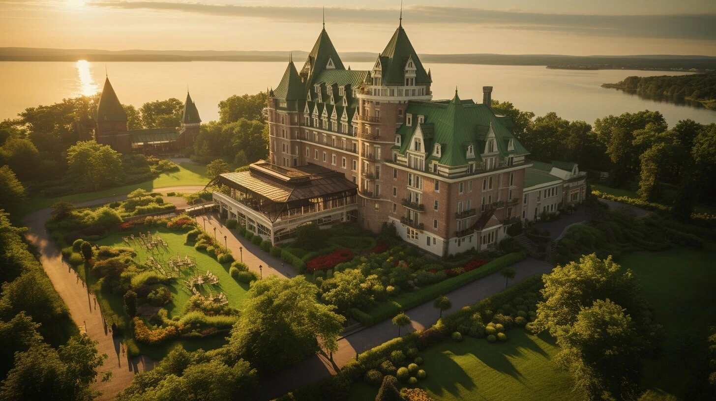 An aerial view of a castle converted to a hotel on the shore of a lake in Canada for sale.