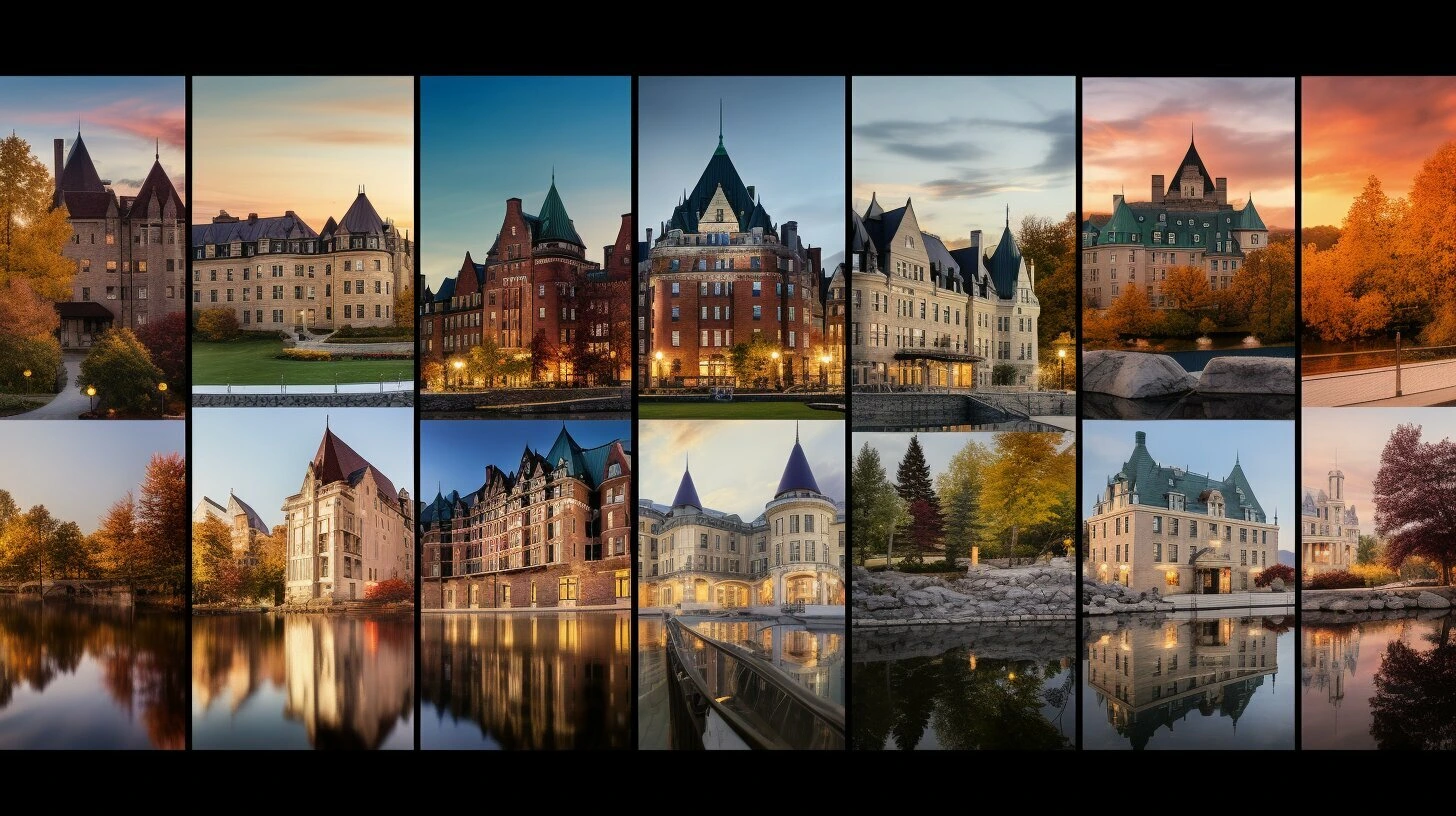 A collage of various buildings in a city featuring hotels for sale in Canada.
