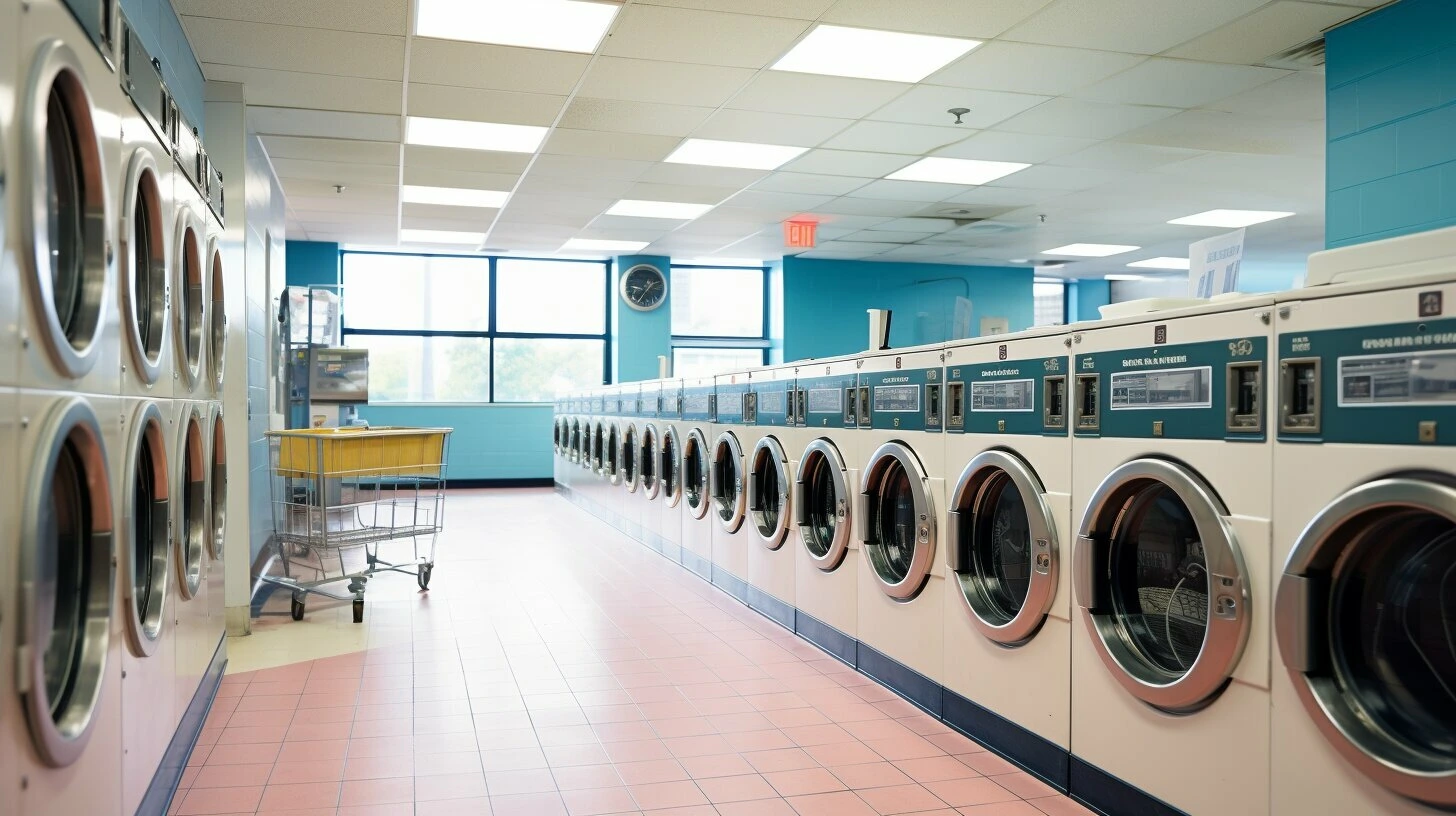A row of washers and dryers in a laundromat for sale in Canada.