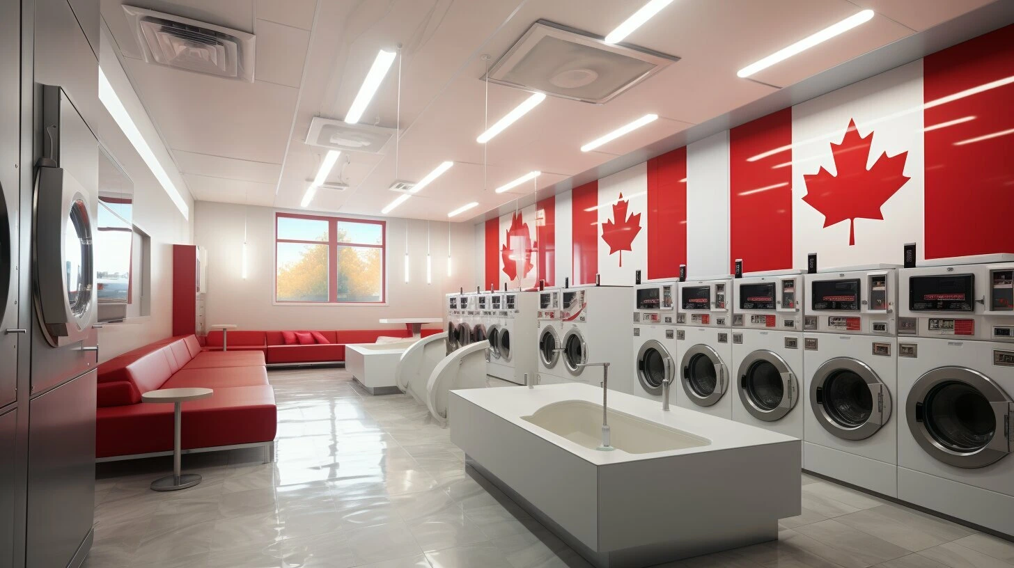 A Canadian-themed laundry room for sale with red and white flags.
