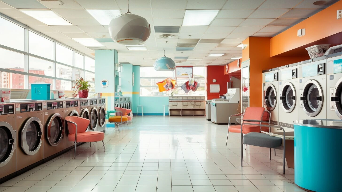 A Canadian laundromat for sale with orange walls and washers and dryers.